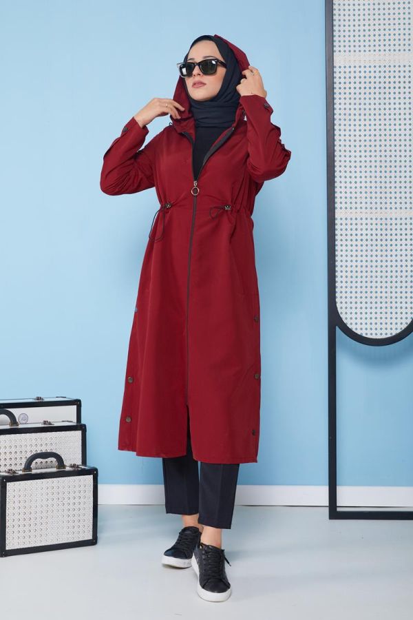 Kol Ve Yan Düğme Detaylı Trençkot-3102 Bordo