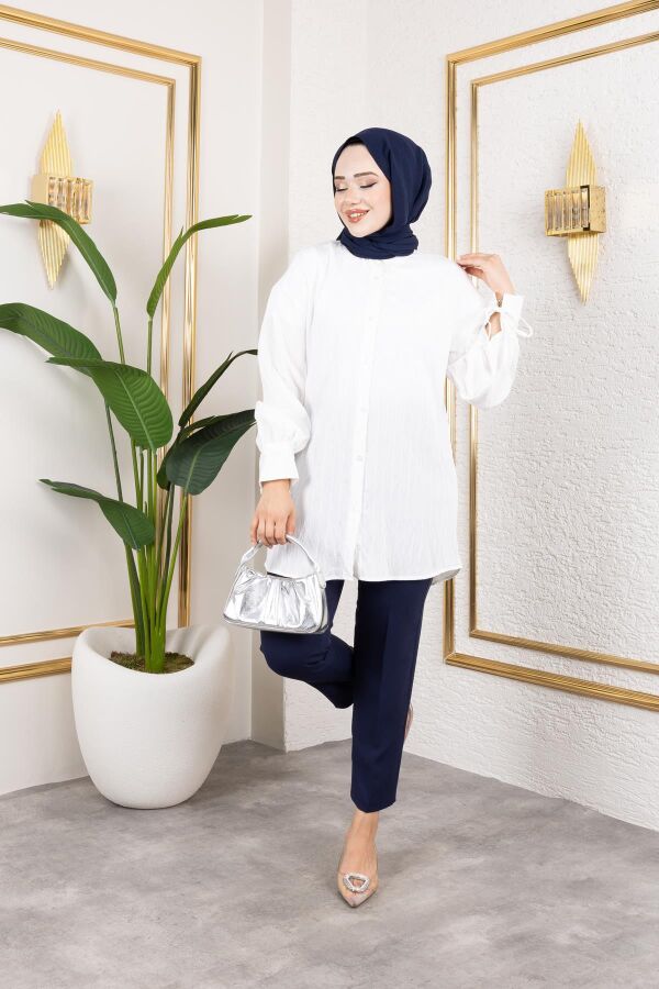 Kolları Bağcık Detaylı Tesettür Tunik-5218 Beyaz - 4