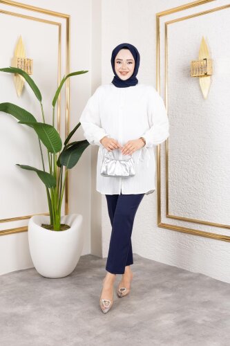 Kolları Bağcık Detaylı Tesettür Tunik-5218 Beyaz - 5
