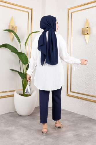 Kolları Bağcık Detaylı Tesettür Tunik-5218 Beyaz - 6