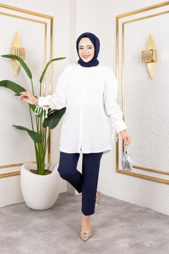Kolları Bağcık Detaylı Tesettür Tunik-5218 Beyaz - Modaebva