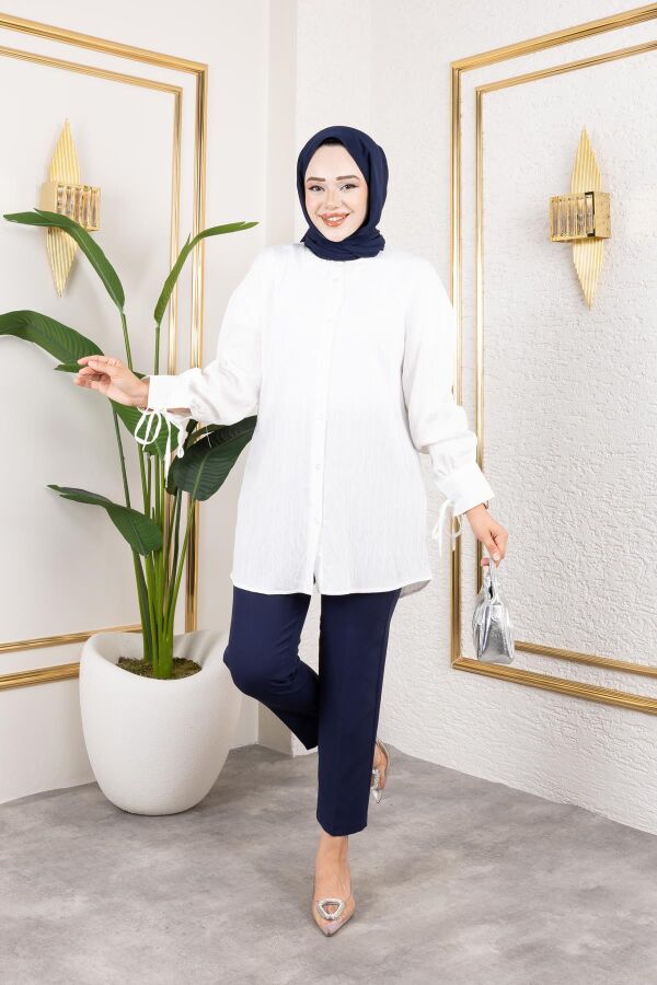 Kolları Bağcık Detaylı Tesettür Tunik-5218 Beyaz - 1