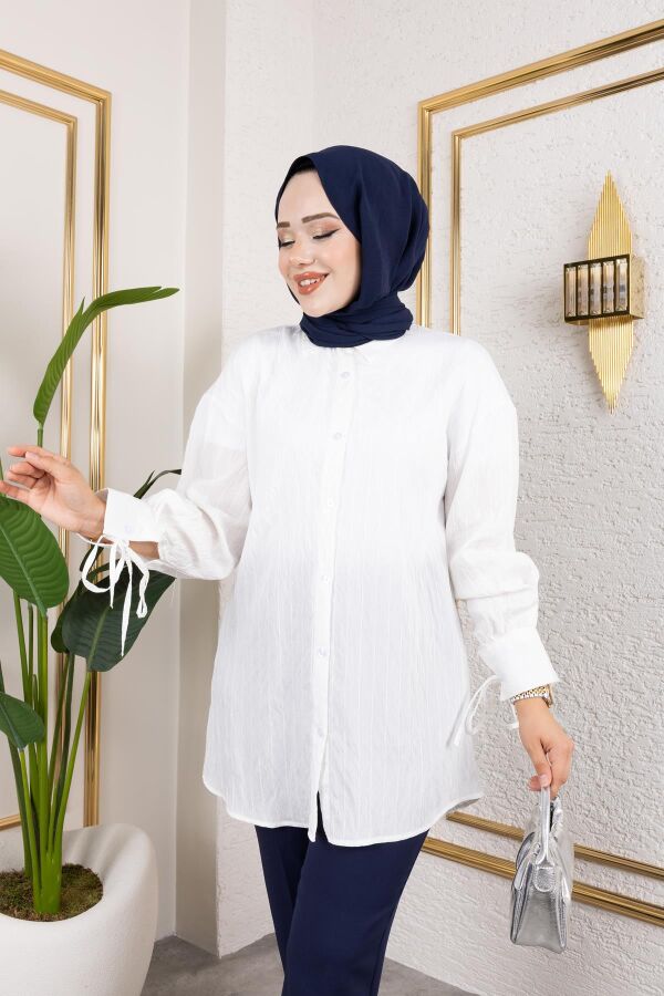 Kolları Bağcık Detaylı Tesettür Tunik-5218 Beyaz - 3