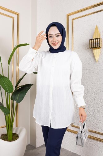 Kolları Bağcık Detaylı Tesettür Tunik-5218 Beyaz - Modaebva (1)