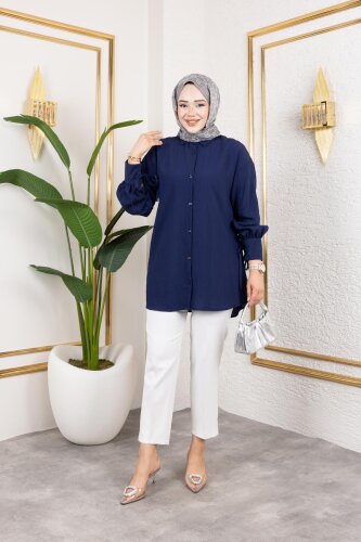 Kolları Bağcık Detaylı Tesettür Tunik-5218 Lacivert - Modaebva