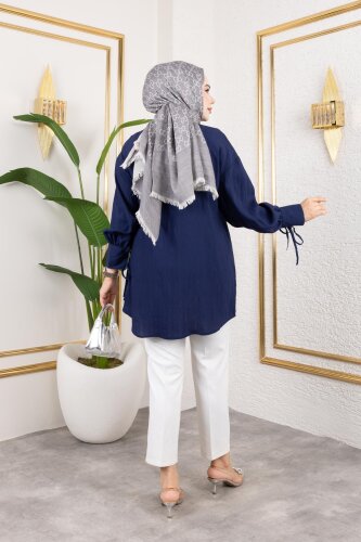 Kolları Bağcık Detaylı Tesettür Tunik-5218 Lacivert - 5