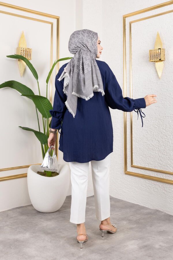 Kolları Bağcık Detaylı Tesettür Tunik-5218 Lacivert - 5