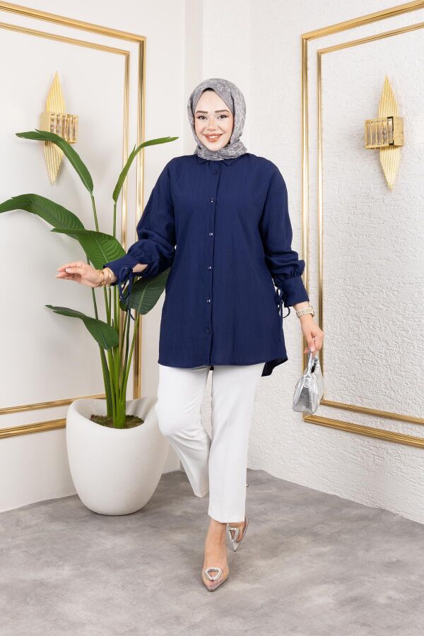 Kolları Bağcık Detaylı Tesettür Tunik-5218 Lacivert - 3