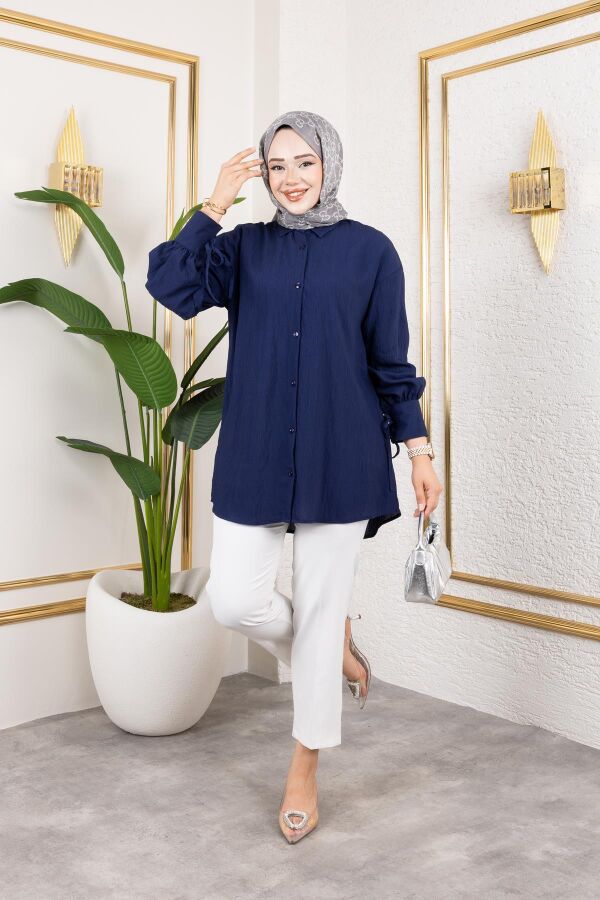 Kolları Bağcık Detaylı Tesettür Tunik-5218 Lacivert - 4