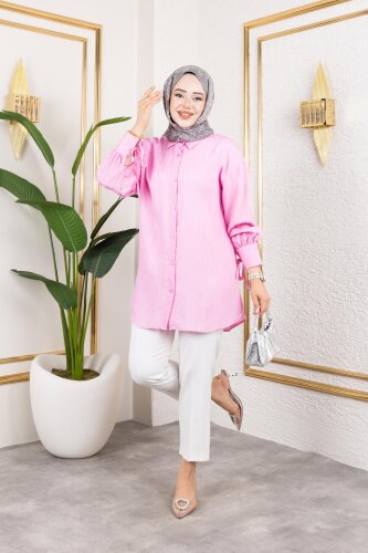 Kolları Bağcık Detaylı Tesettür Tunik-5218 Pembe - Modaebva