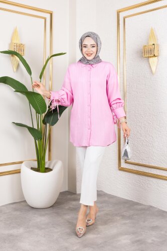 Kolları Bağcık Detaylı Tesettür Tunik-5218 Pembe - 3