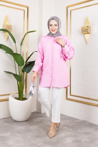 Kolları Bağcık Detaylı Tesettür Tunik-5218 Pembe - 4