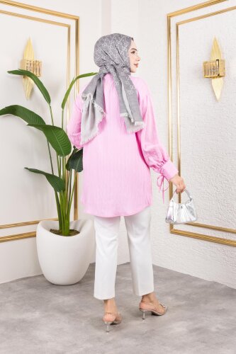 Kolları Bağcık Detaylı Tesettür Tunik-5218 Pembe - 6