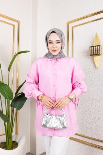 Kolları Bağcık Detaylı Tesettür Tunik-5218 Pembe - 5