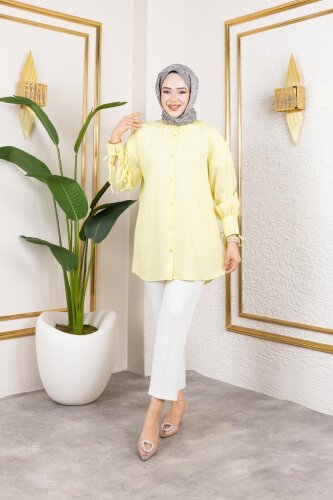 Kolları Bağcık Detaylı Tesettür Tunik-5218 Sarı - 3