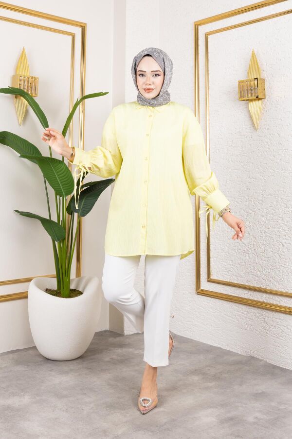 Kolları Bağcık Detaylı Tesettür Tunik-5218 Sarı - 4