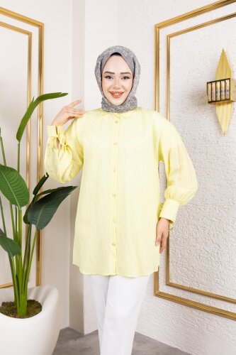 Kolları Bağcık Detaylı Tesettür Tunik-5218 Sarı - 5