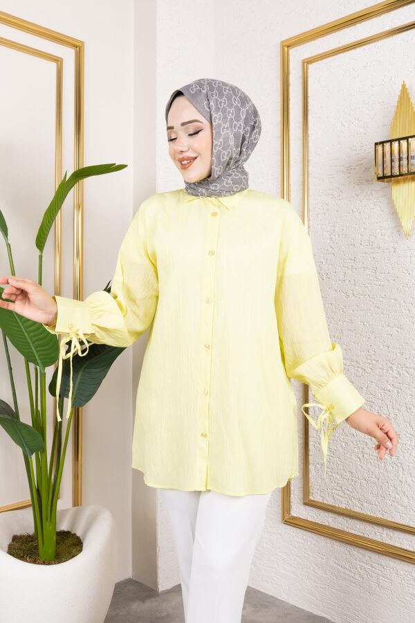Kolları Bağcık Detaylı Tesettür Tunik-5218 Sarı - 2