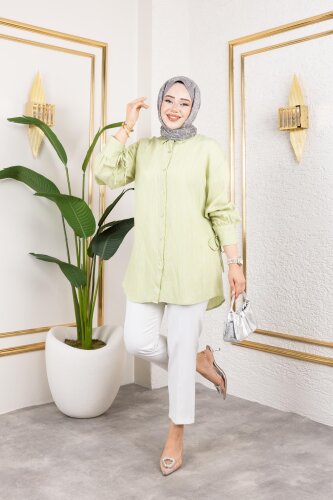 Kolları Bağcık Detaylı Tesettür Tunik-5218 Yeşil - 4
