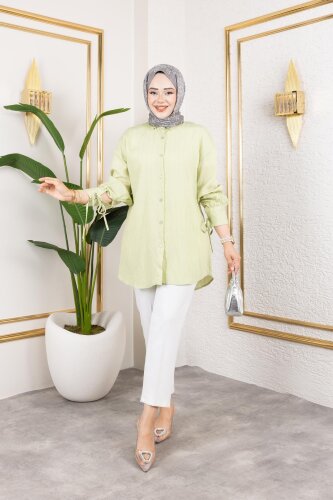 Kolları Bağcık Detaylı Tesettür Tunik-5218 Yeşil - 5