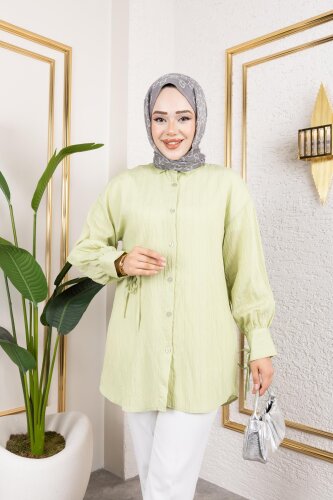 Kolları Bağcık Detaylı Tesettür Tunik-5218 Yeşil - 3