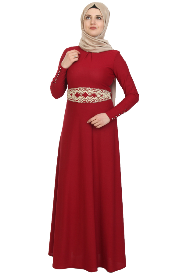Kolları Düğmeli ve Kemer Varak İşlemeli Elbise-Bordo0082