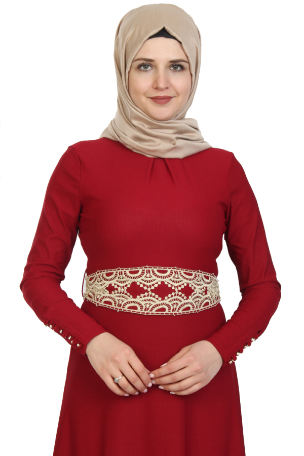 Kolları Düğmeli ve Kemer Varak İşlemeli Elbise-Bordo0082