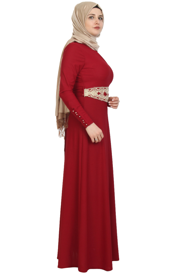 Kolları Düğmeli ve Kemer Varak İşlemeli Elbise-Bordo0082