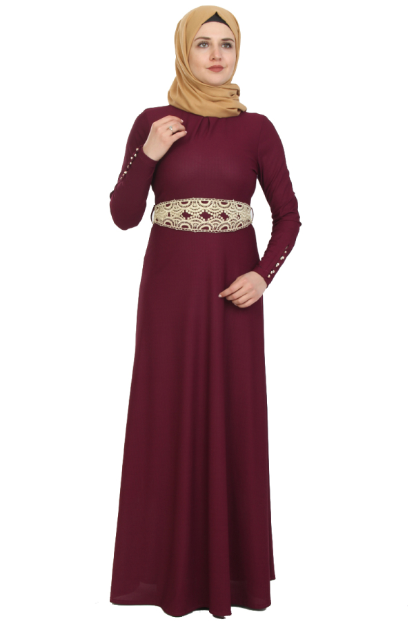 Kolları Düğmeli ve Kemer Varak İşlemeli Elbise-Mürdüm0082