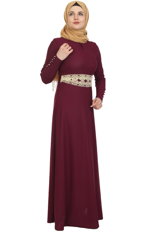 Kolları Düğmeli ve Kemer Varak İşlemeli Elbise-Mürdüm0082