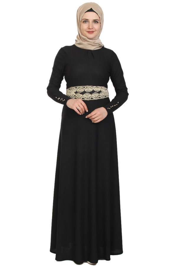 Kolları Düğmeli ve Kemer Varak İşlemeli Elbise-Siyah0082