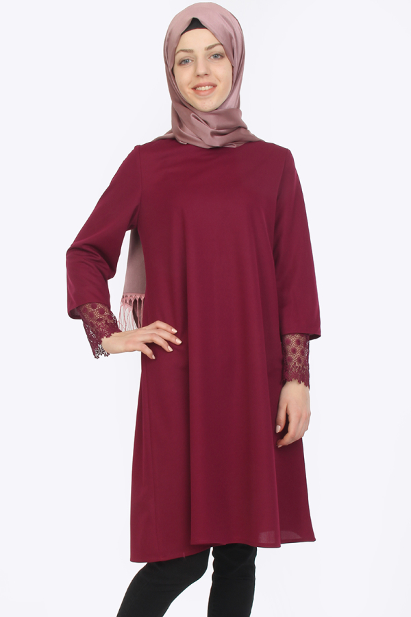 Kolları Güpür Detaylı Tunik Bordo-ZRD1167