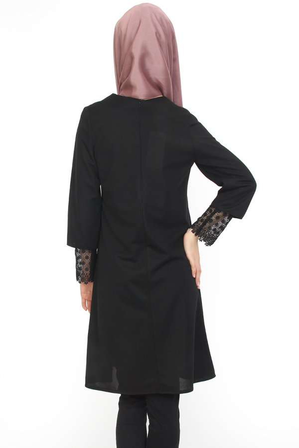 Kolları Güpür Detaylı Tunik Siyah-ZRD1167
