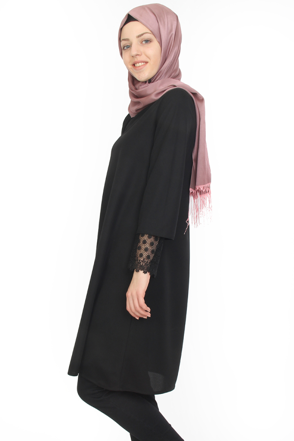 Kolları Güpür Detaylı Tunik Siyah-ZRD1167