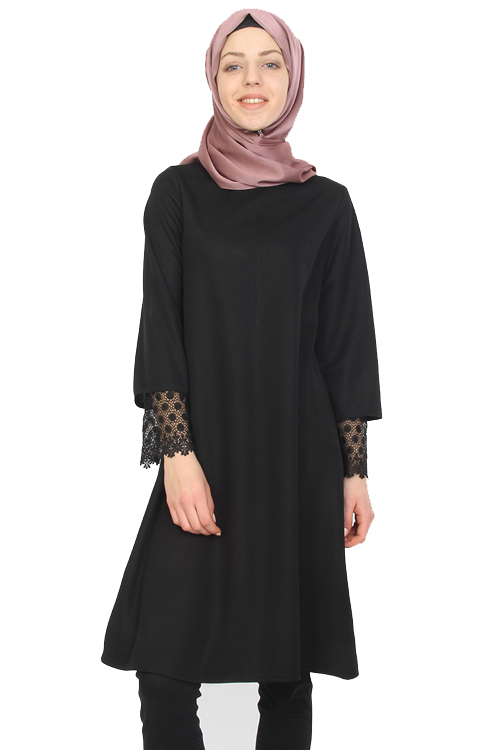 Kolları Güpür Detaylı Tunik Siyah-ZRD1167