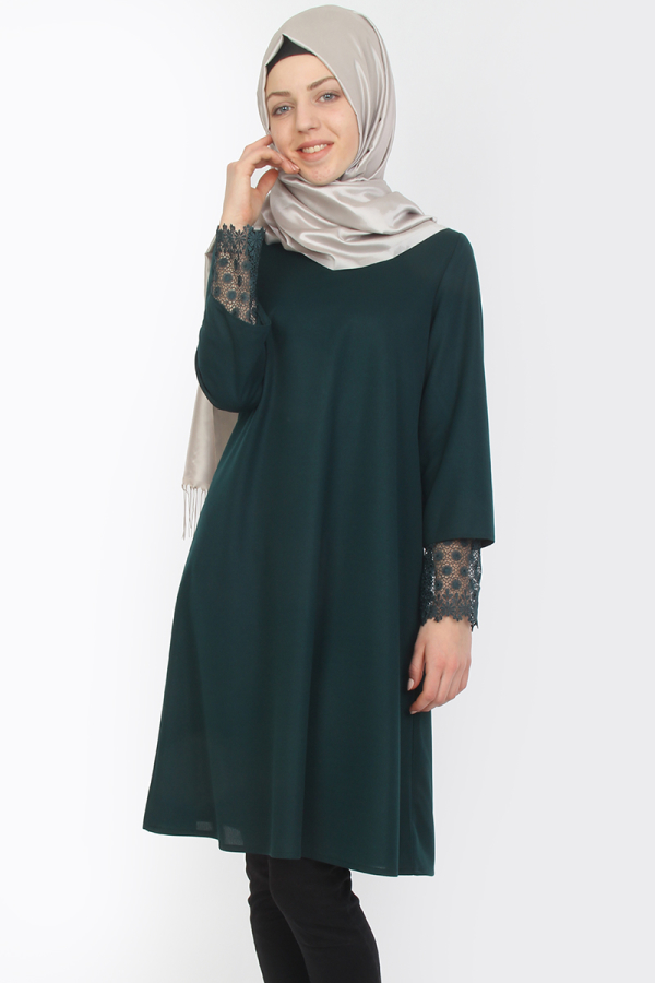 Kolları Güpür Detaylı Tunik Yeşil-ZRD1167