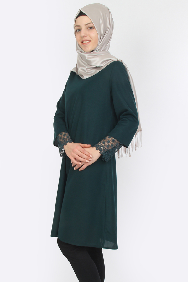 Kolları Güpür Detaylı Tunik Yeşil-ZRD1167