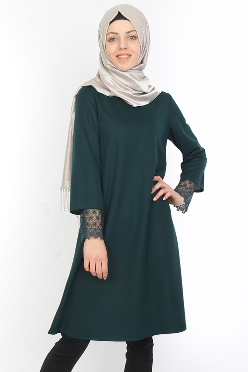 Kolları Güpür Detaylı Tunik Yeşil-ZRD1167