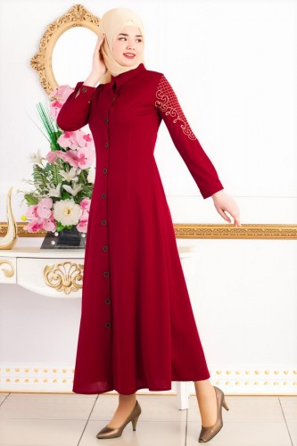 Kolları Nakış İşlemeli Ferace-3596 Bordo - Modaebva