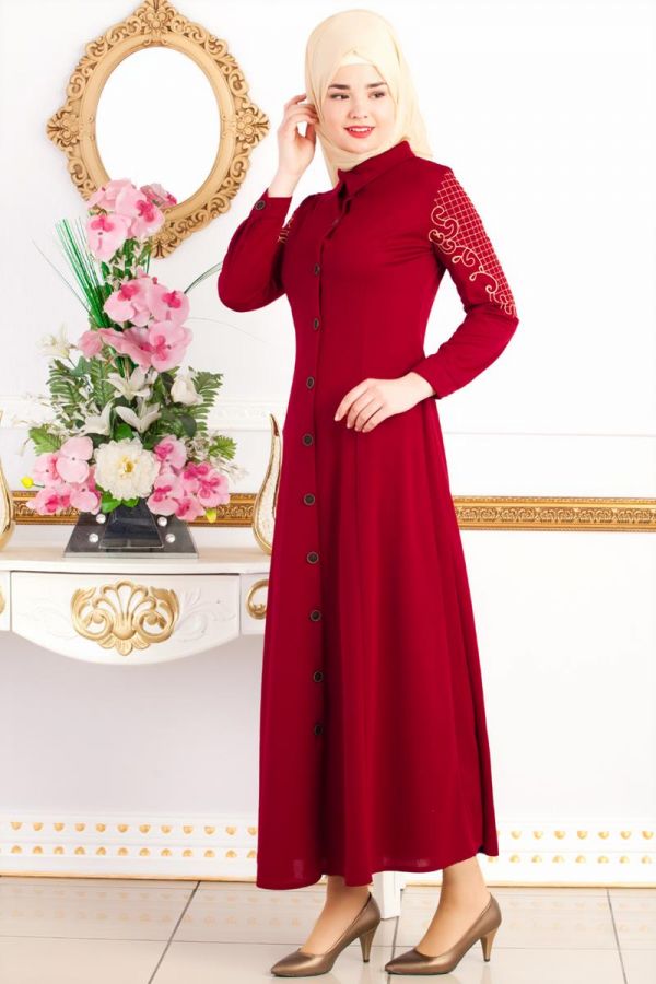 Kolları Nakış İşlemeli Ferace-3596 Bordo - 3