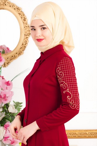 Kolları Nakış İşlemeli Ferace-3596 Bordo - Modaebva (1)