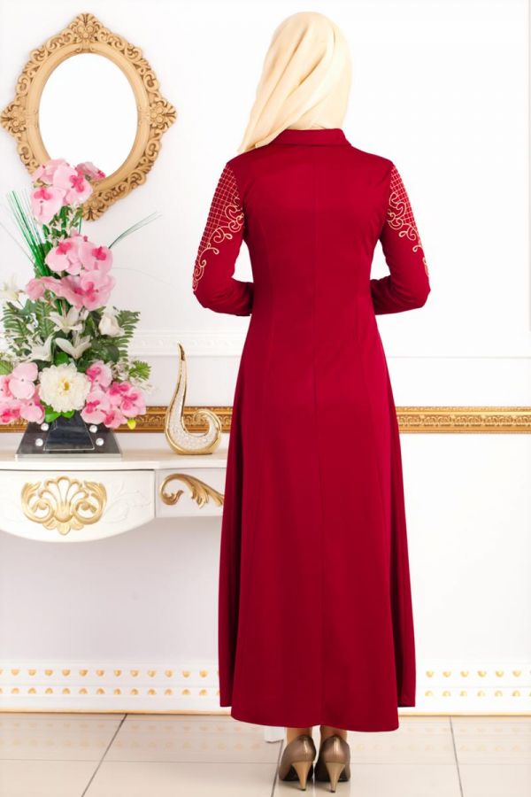 Kolları Nakış İşlemeli Ferace-3596 Bordo - 4
