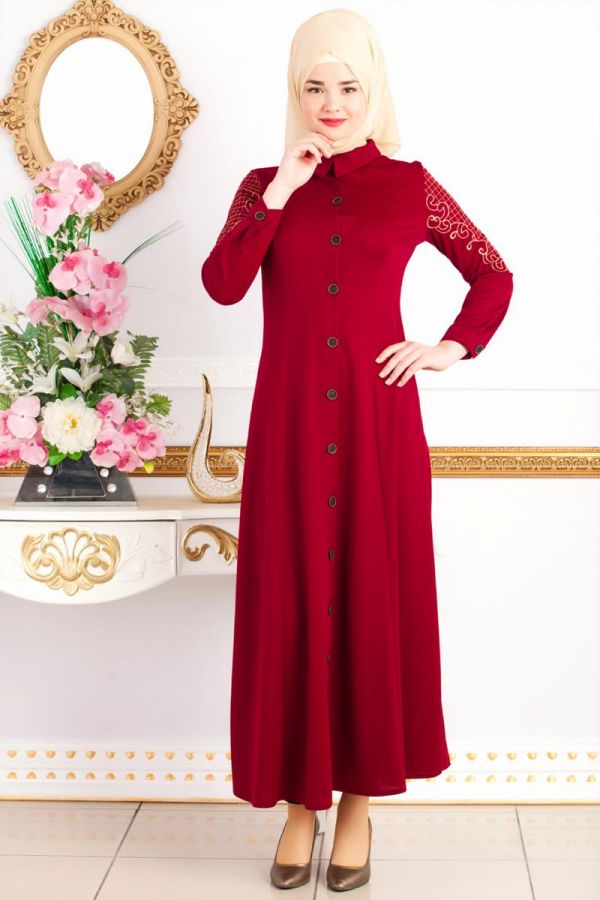Kolları Nakış İşlemeli Ferace-3596 Bordo - 5