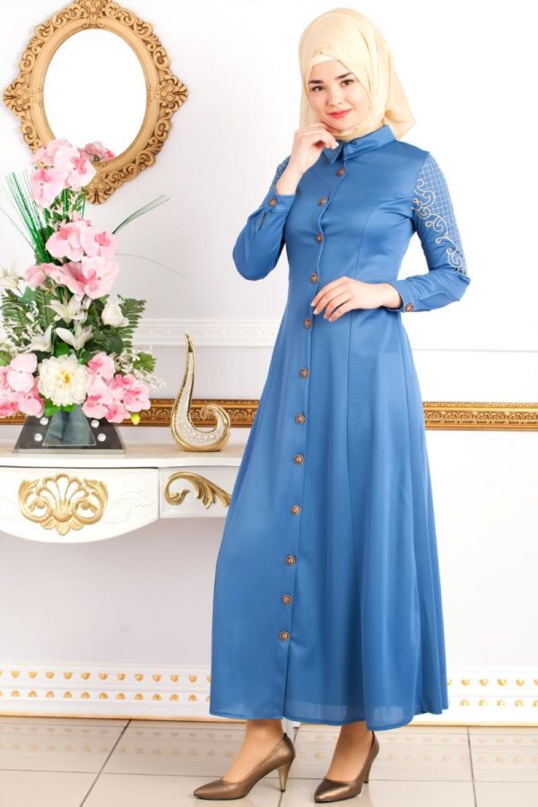 Kolları Nakış İşlemeli Ferace-3596 İndigo