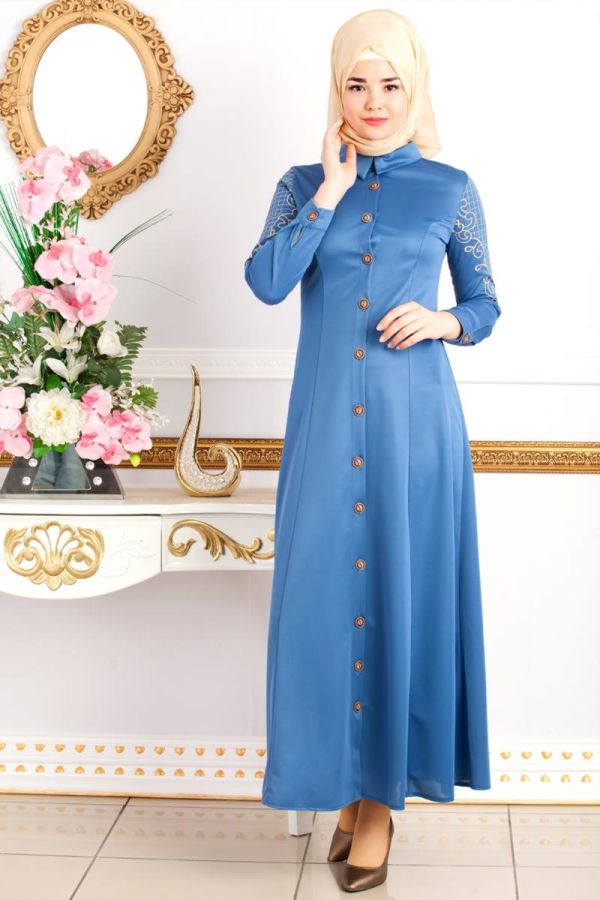 Kolları Nakış İşlemeli Ferace-3596 İndigo