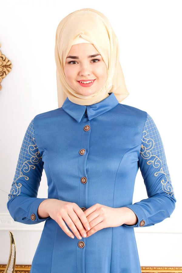 Kolları Nakış İşlemeli Ferace-3596 İndigo