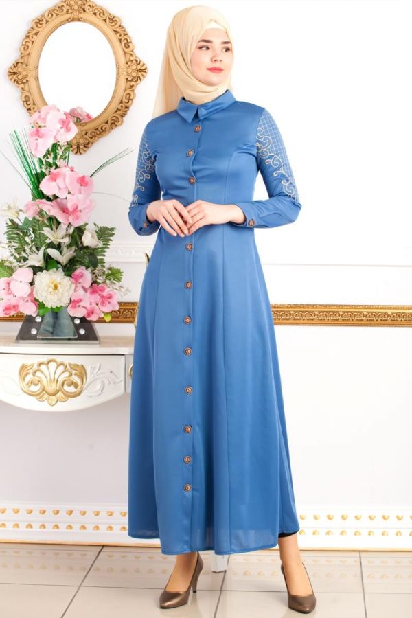 Kolları Nakış İşlemeli Ferace-3596 İndigo