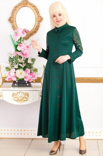 Kolları Nakış İşlemeli Ferace-3596 Zümrütyeşili - Modaebva
