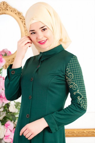 Kolları Nakış İşlemeli Ferace-3596 Zümrütyeşili - Modaebva (1)
