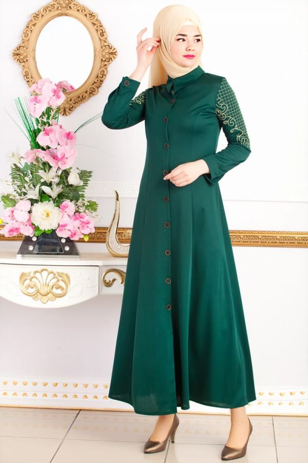 Kolları Nakış İşlemeli Ferace-3596 Zümrütyeşili - 3